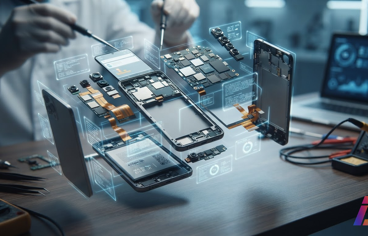 Vista explodida de um smartphone Android com camadas internas de um aplicativo flutuando separadas, acompanhadas de relatórios técnicos sobre cada componente.