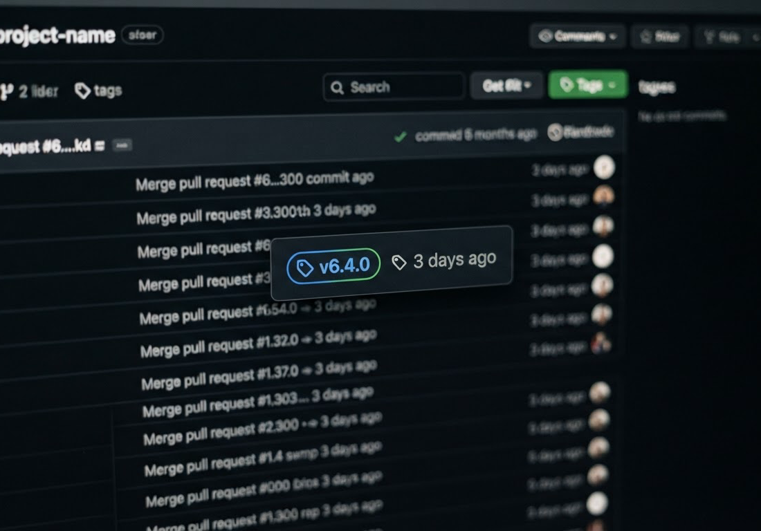 Primeiro plano de etiquetas em repositório de software, com a tag 6.4.0 em destaque entre um histórico desfocado de commits.