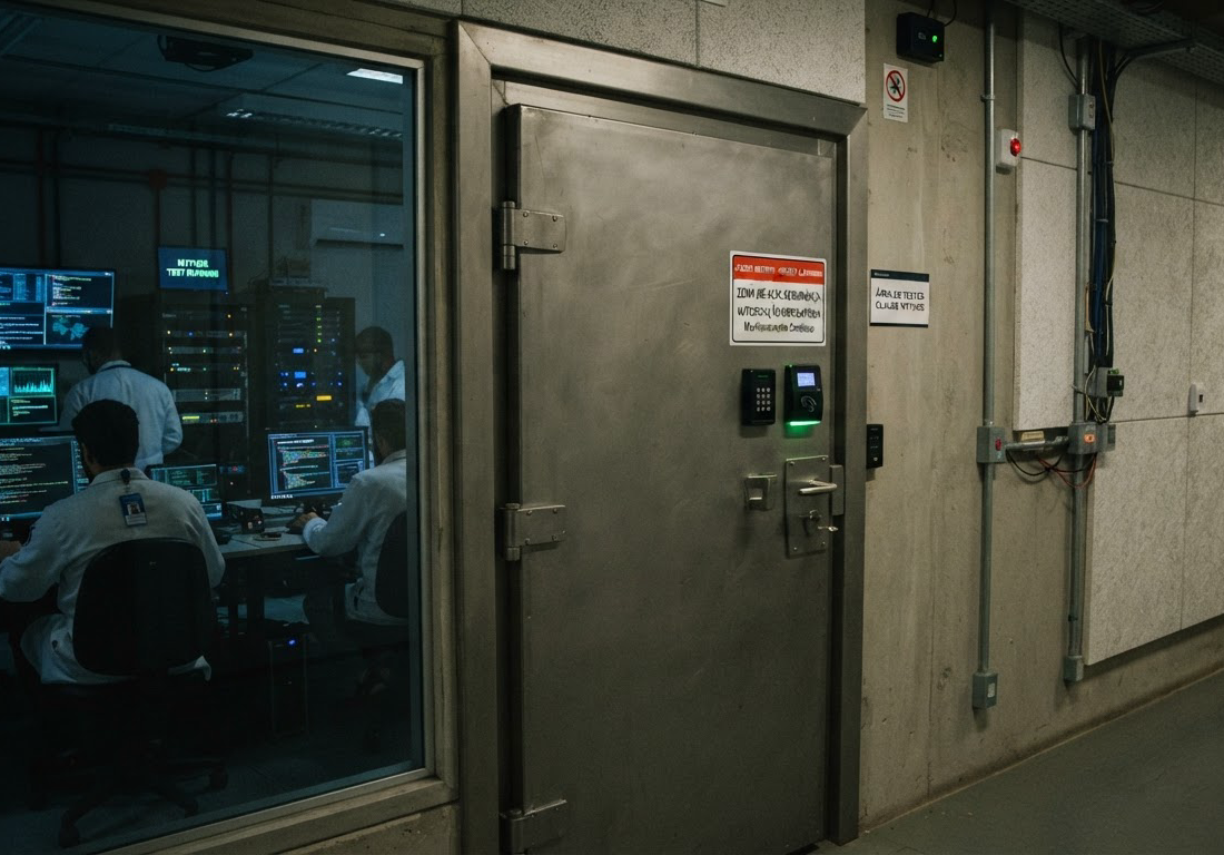 Porta blindada de laboratório com leitor de cartão e aviso de acesso restrito, enquanto especialistas em estações de trabalho testam vulnerabilidades de software em ambiente fechado