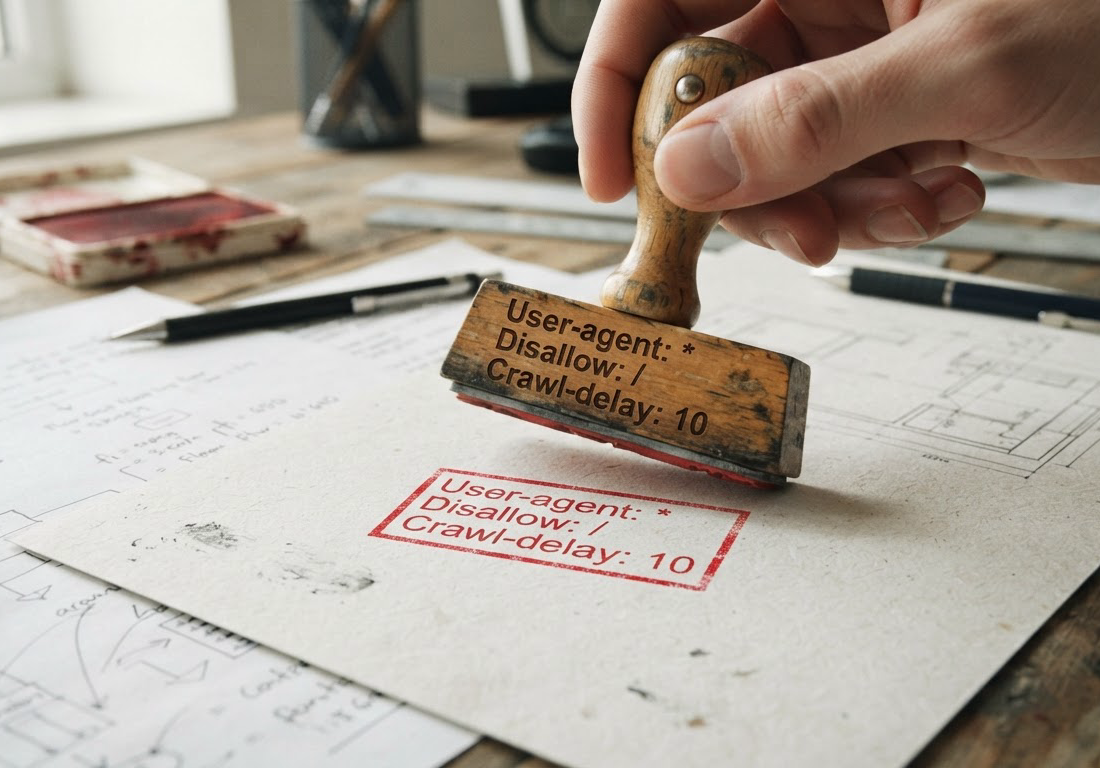 Carimbo de madeira pressionando um documento de rascunho técnico com tinta vermelha sob luz natural lateral.