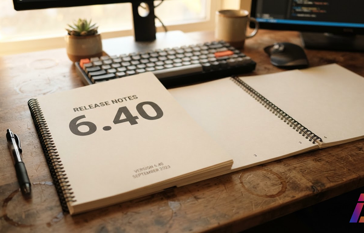 Documento impresso de notas de lançamento com o número 6.40 na capa, páginas internas em branco espalhadas sobre mesa de engenheiro de software sob luz lateral de fim de tarde