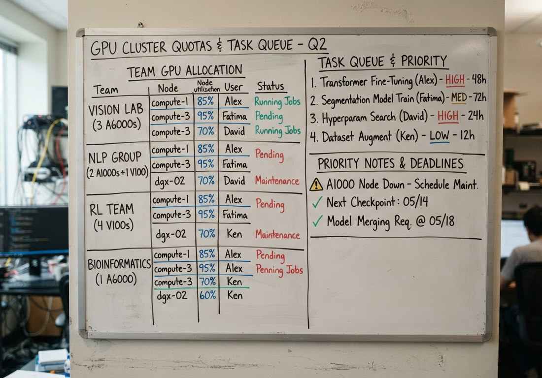 Quadro branco de laboratório universitário com esquemas desenhados à mão que dividem cotas de GPU entre equipes de pesquisa, com filas de tarefas e setas de prioridade, iluminado por luz natural