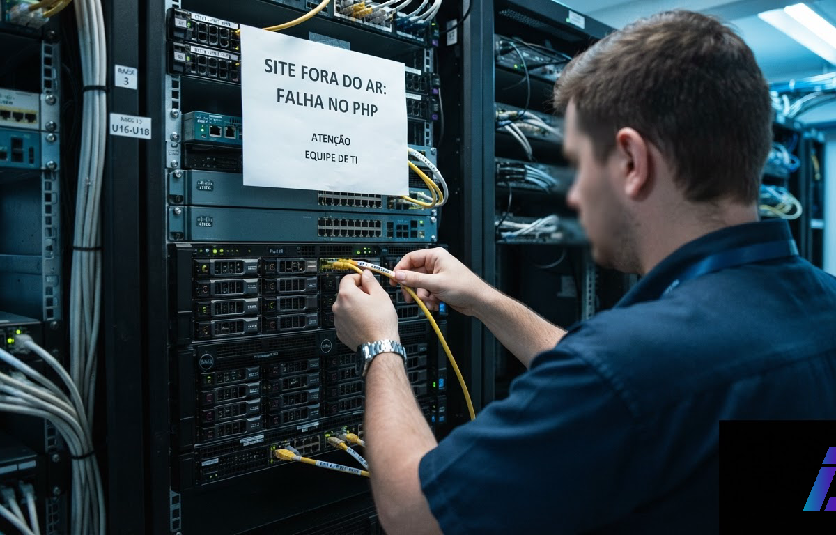 Técnico de costas desconecta cabo de rede de um servidor em sala técnica com luz fria; acima do equipamento, uma folha impressa presa à parede funciona como aviso de site fora do ar
