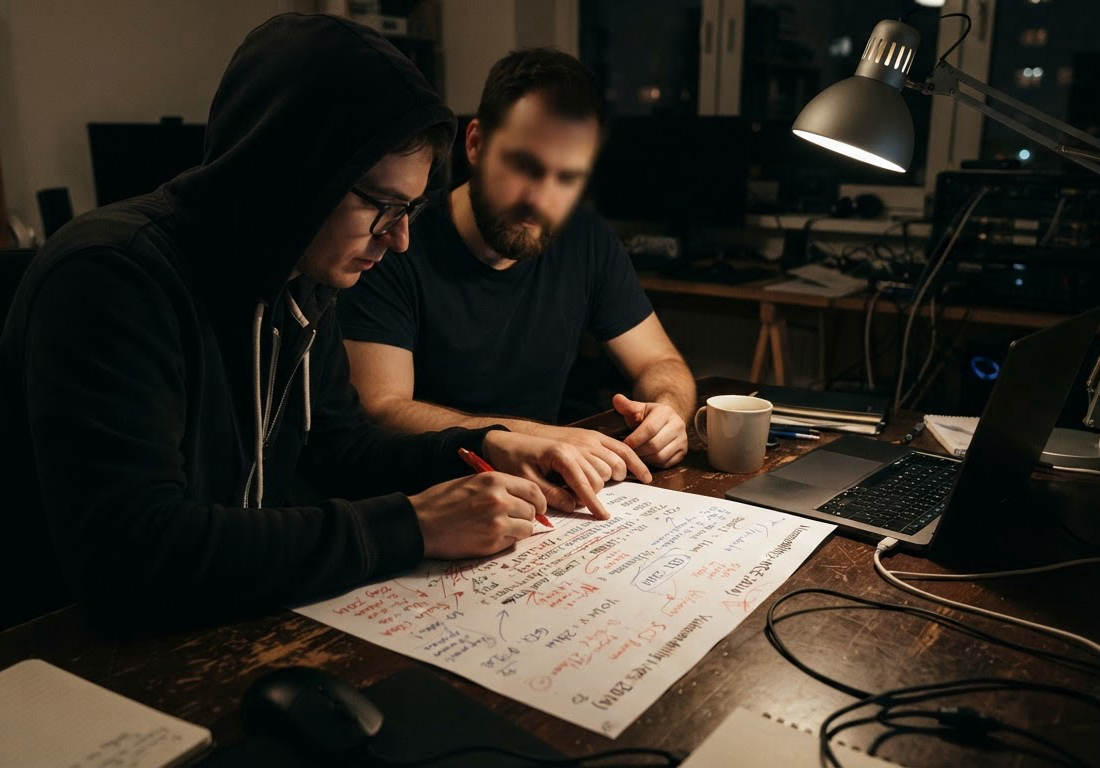 Mãos de pesquisadores sobre folhas impressas de código-fonte com anotações e um trecho destacado à caneta, em mesa de escritório iluminada por luminária à noite