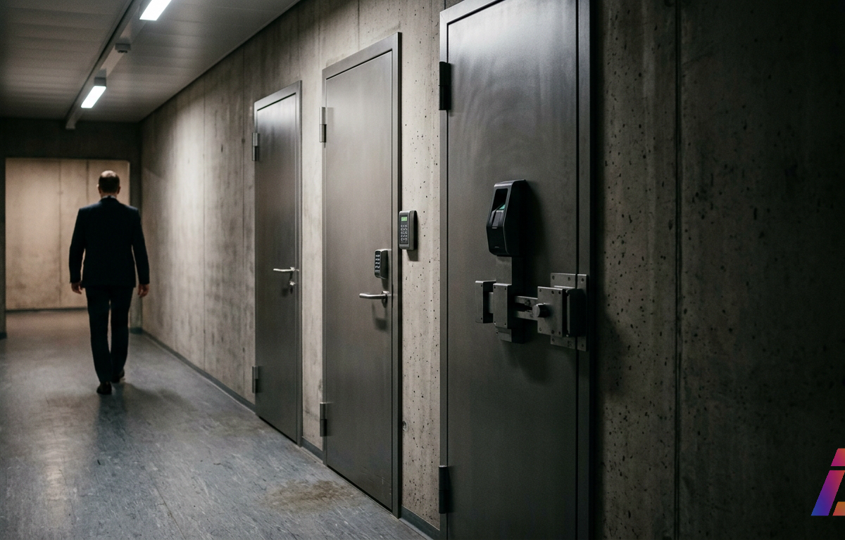 Corredor institucional em concreto aparente com três portas de aço fosco em sequência, cada uma com diferentes dispositivos de fechamento, enquanto um profissional caminha ao fundo de costas.