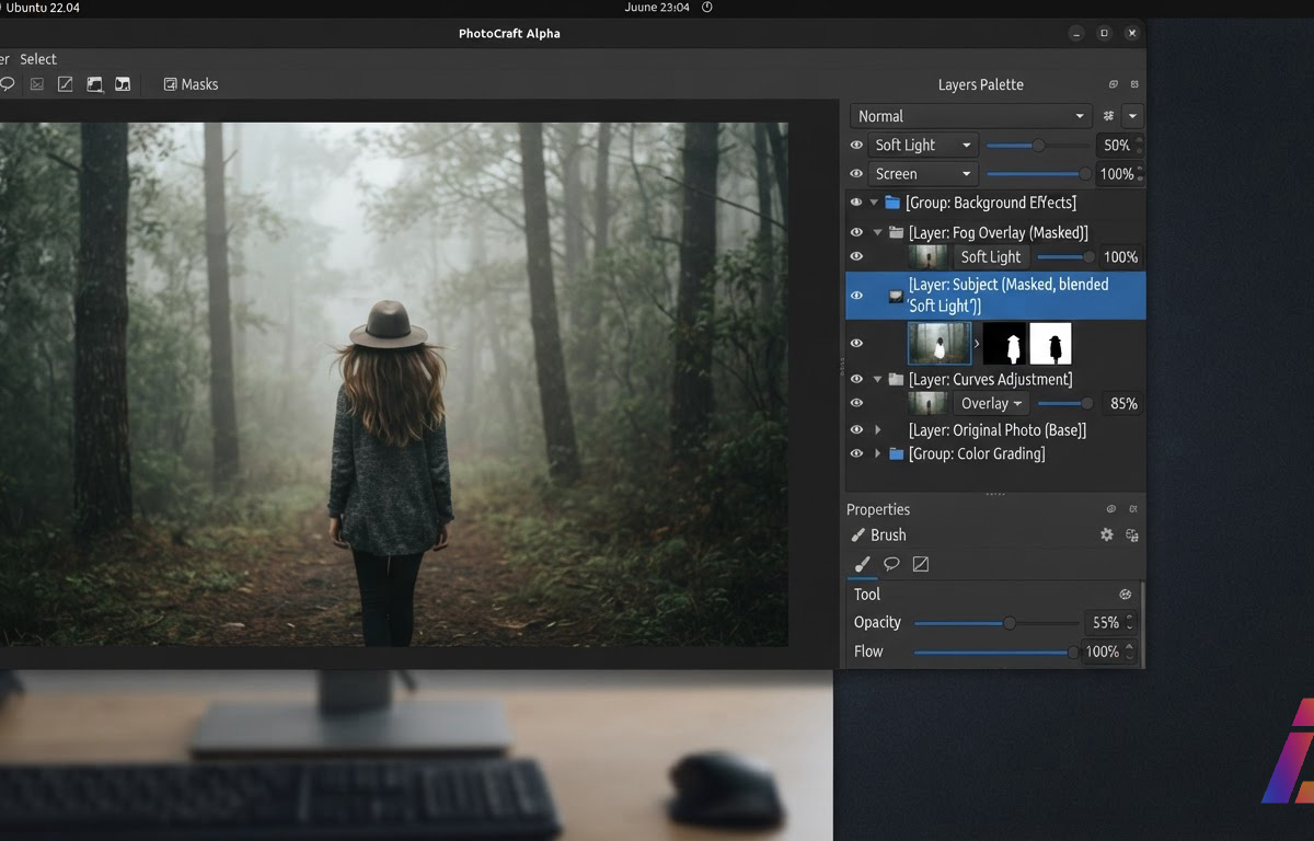 Close da tela de um editor de imagens open-source em versão alpha rodando no Linux, com painel de camadas, máscaras e modos de mesclagem visíveis ao lado de uma foto em edição.
