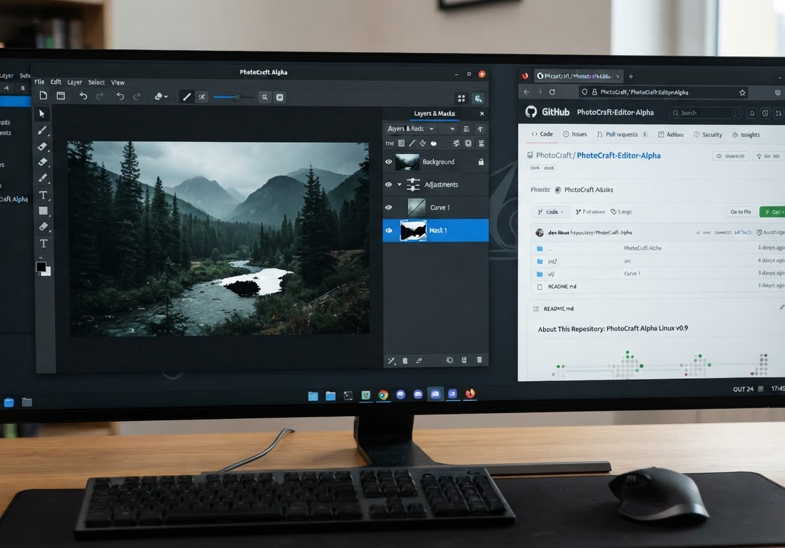 Tela de notebook exibindo editor de imagens em versão alpha no Linux, com painel de camadas e máscara ativa sobre uma foto em edição e janela de repositório de código aberta ao lado