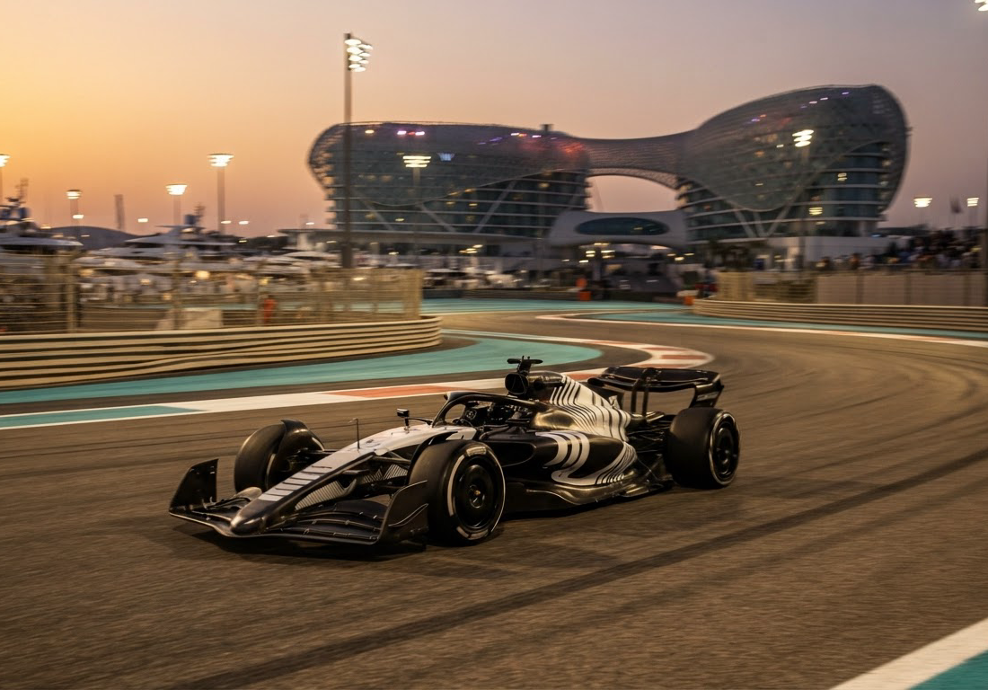Carro de corrida autônomo, sem piloto no cockpit, acelera em alta velocidade na reta do circuito de Yas Marina, em Abu Dhabi, sob o pôr do sol, com leve rastro de movimento nos arredores