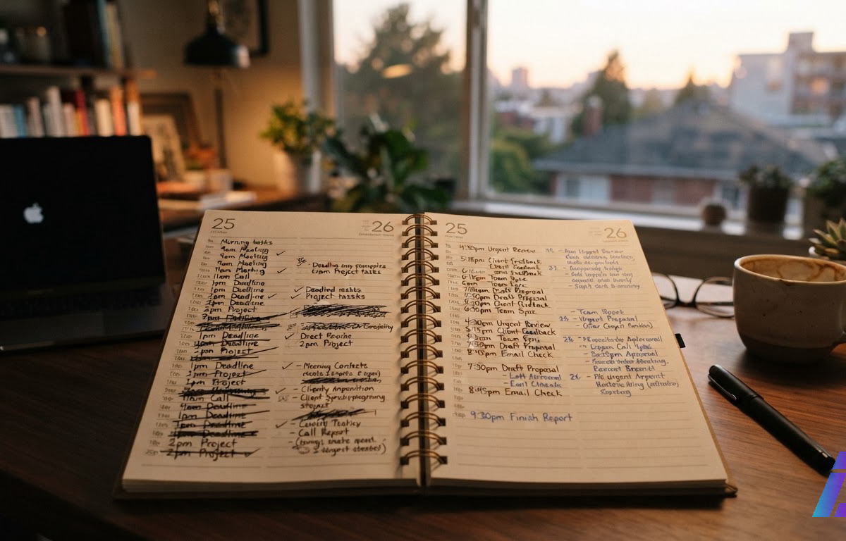 Agenda de papel aberta sobre mesa de escritório, com tarefas riscadas e novos compromissos anotados em todos os horários até a noite, sob a luz alaranjada do entardecer