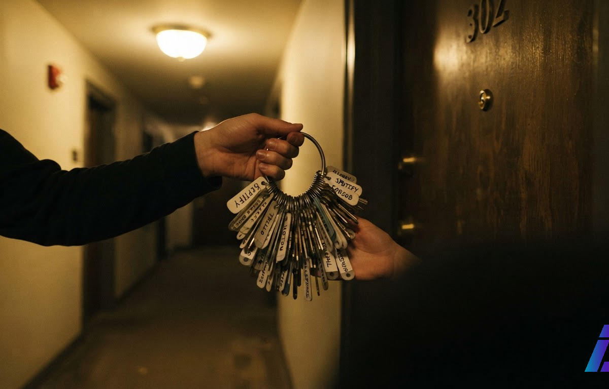 Mão entrega, na porta de um apartamento durante a madrugada, um molho com dezenas de chaves com etiquetas de nomes de aplicativos, sob a luz amarela do corredor