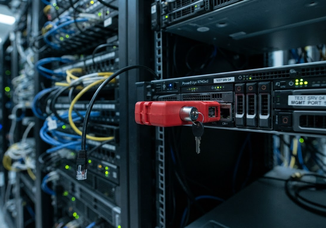 Trava vermelha de bloqueio encaixada na porta de rede de um servidor em laboratório, com um cabo ethernet desconectado ao lado sob luz fria