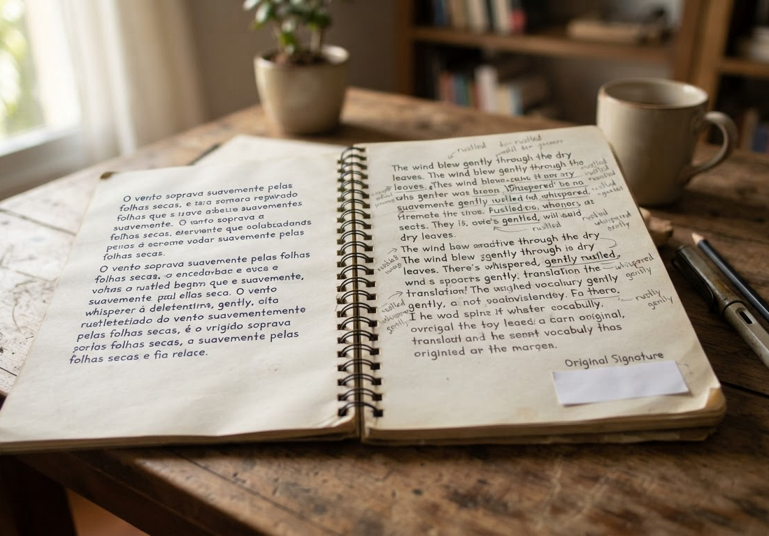 Manuscrito de tradução com texto original e versão traduzida lado a lado, anotações à mão nas margens e uma etiqueta branca cobrindo a assinatura da tradutora, sob luz lateral