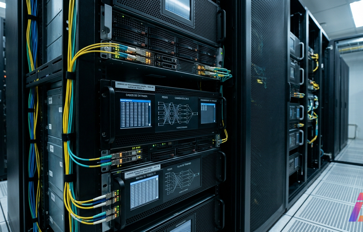 Servidores de processamento neural organizados em rack de centro de dados, com cabeamento óptico conectado e telas exibindo fluxos de tensores e matrizes numéricas sob iluminação sóbria.