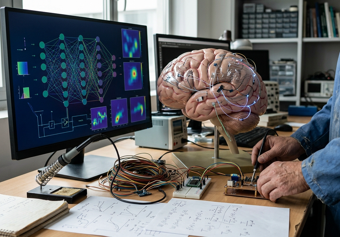 Bancada técnica de pesquisa com monitor exibindo gráficos de tensores e redes de dados ao lado de anotações sobre conectividade neural e hardware de processamento.