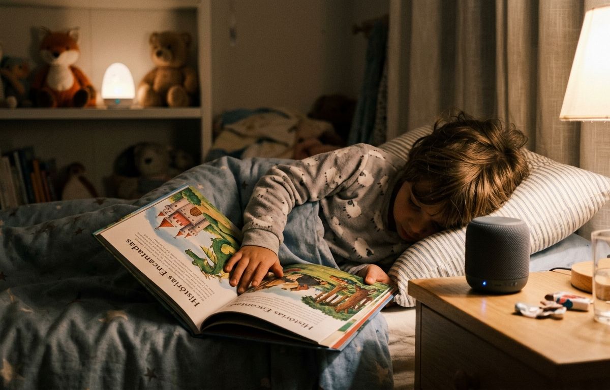 Criança deitada na cama com um livro de contos aberto no colo, ouvindo uma pequena caixa de som sobre o criado-mudo, em quarto infantil à meia-luz.
