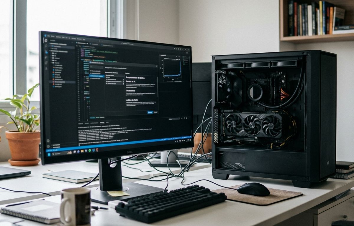 Gabinete de computador moderno com lateral de vidro exibindo placa de vídeo potente ao lado de monitor em bancada de trabalho iluminada por luz natural
