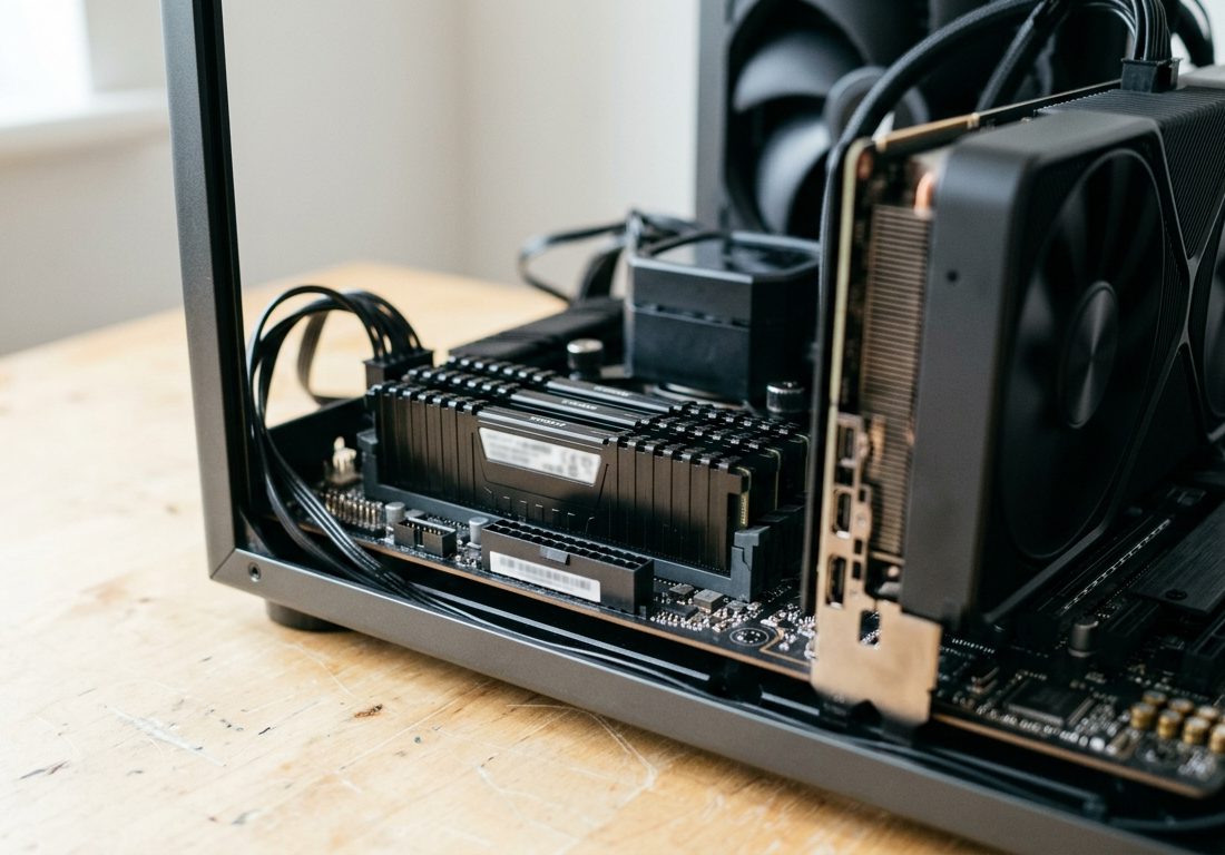 Visão detalhada do interior de um computador com foco nos módulos de memória RAM e no dissipador da placa de vídeo dedicada sobre a placa-mãe.