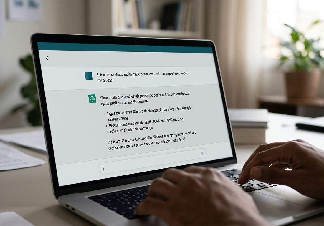 Tela de computador com um chatbot respondendo a mensagens sobre saúde mental, oferecendo recursos de apoio