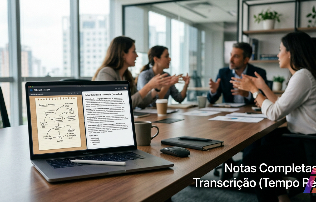 MacBook aberto sobre a mesa de uma sala de reunião, com a tela exibindo um aplicativo de notas que divide rascunhos manuscritos e anotações completas com transcrição em andamento; ao fundo, pessoas conversam levemente desfocadas sob luz nat
