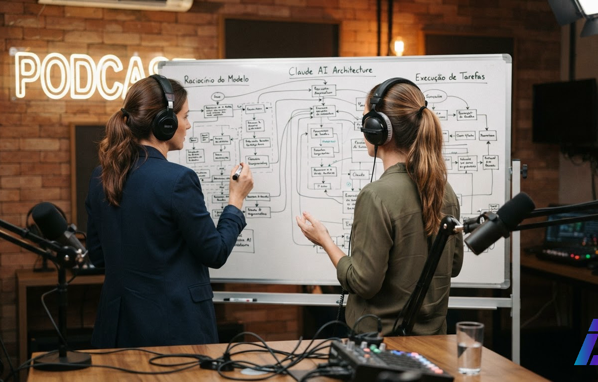 Duas pessoas em estúdio de podcast, com microfones sobre a mesa e rostos fora de foco, diante de um quadro branco com um diagrama dividido em dois blocos ligados por setas, sob iluminação de estúdio