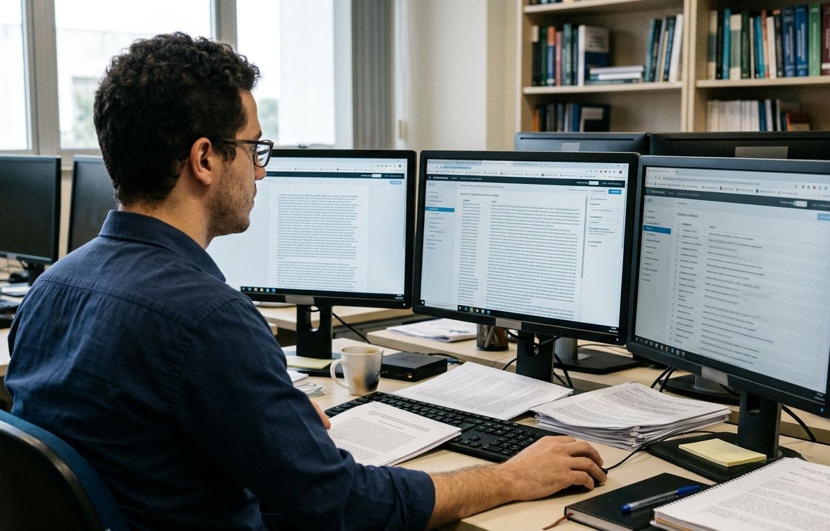Pesquisador de costas em escritório iluminado analisando múltiplos monitores com diagramas de dados e estruturas de texto digital em tons discretos.