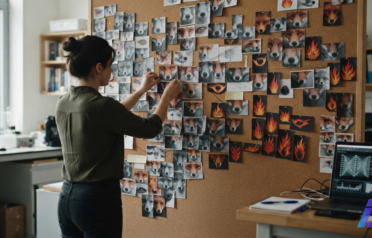 Pesquisador de costas diante de uma parede onde organiza fotos de focinhos de raposa e chamas pontudas, agrupadas longe de imagens de formas redondas, sob luz natural de uma janela