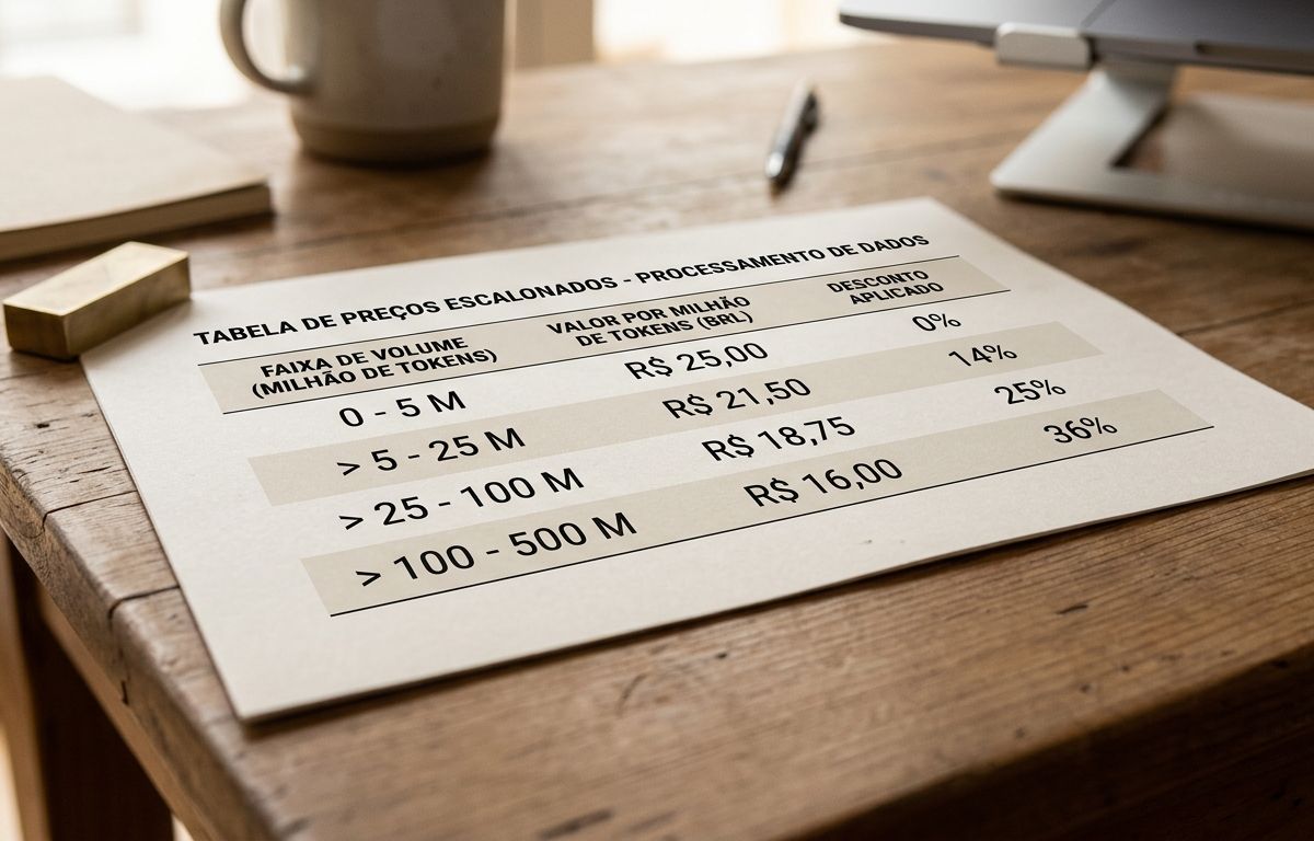 Close de uma tabela de preços escalonados impressa em papel sobre uma mesa de escritório, com faixas de valores por milhão de tokens destacadas por luz suave.