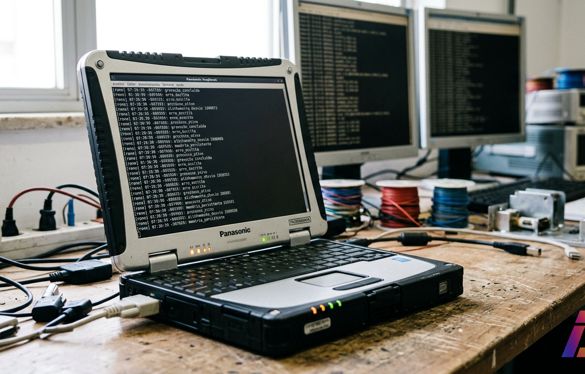 Terminal de computador industrial de metal escovado montado em bancada técnica clara, exibindo cursor piscando em janela de comandos sobreposta a arquivos de log do sistema operacional, com iluminação suave em azul-petróleo e âmbar ao fundo