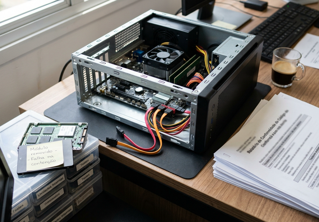Bancada técnica de testes com cabos de conexão de dados desconectados, unidades de armazenamento externo repousando sobre relatórios técnicos impressos com anotações de auditoria e luz natural de laboratório.