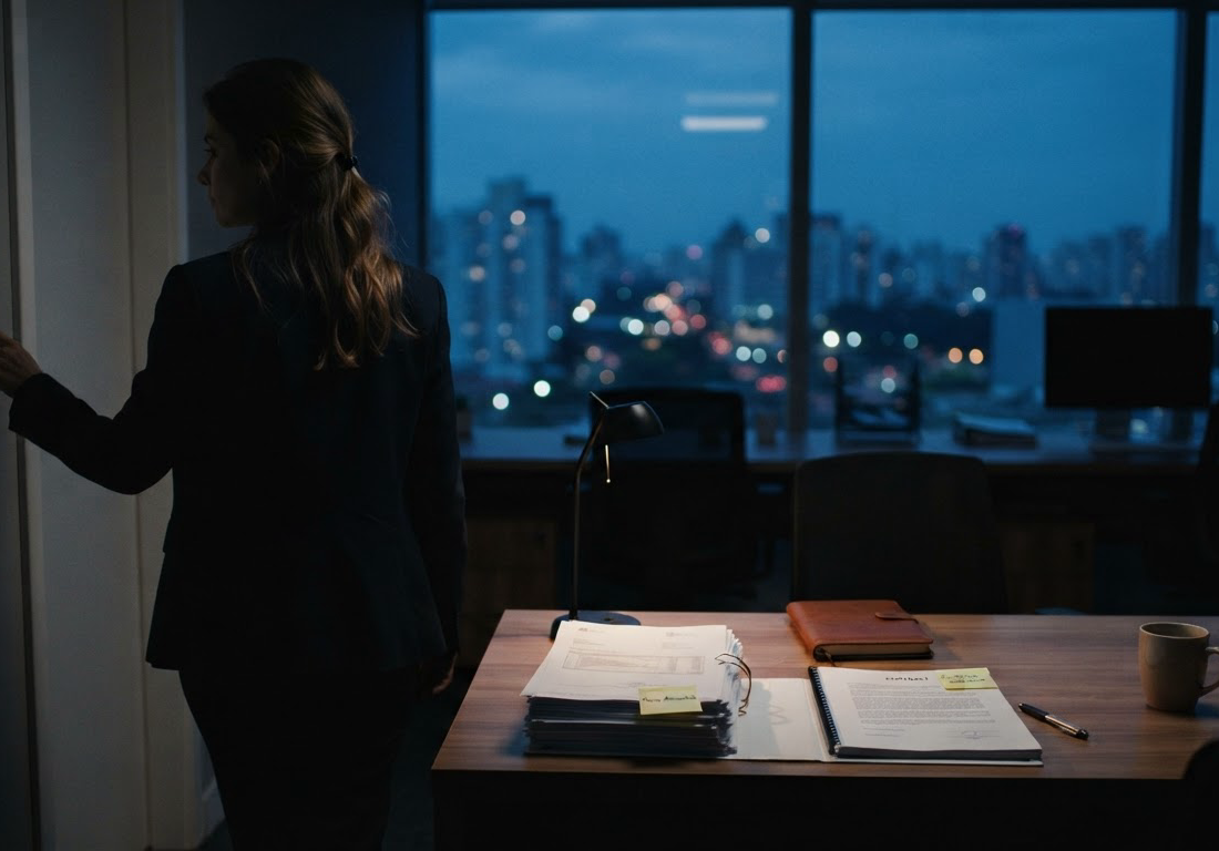 Mulher de costas apaga a luz de um escritório ao anoitecer, deixando sobre a mesa faturas e um contrato marcados com etiquetas para aprovação