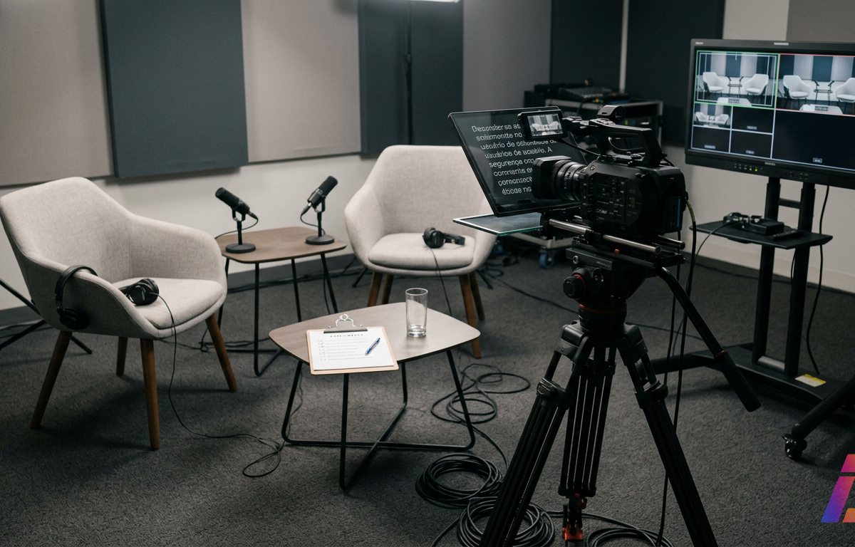 Estúdio de gravação de entrevista com câmeras de vídeo e monitores de retorno ligados