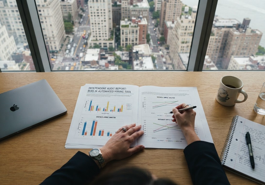 Relatório de auditoria independente sobre viés em ferramenta automatizada de contratação sobre a mesa de um auditor, com gráficos de impacto dispar entre grupos, visto do alto sob luz natural de escritório em Nova York