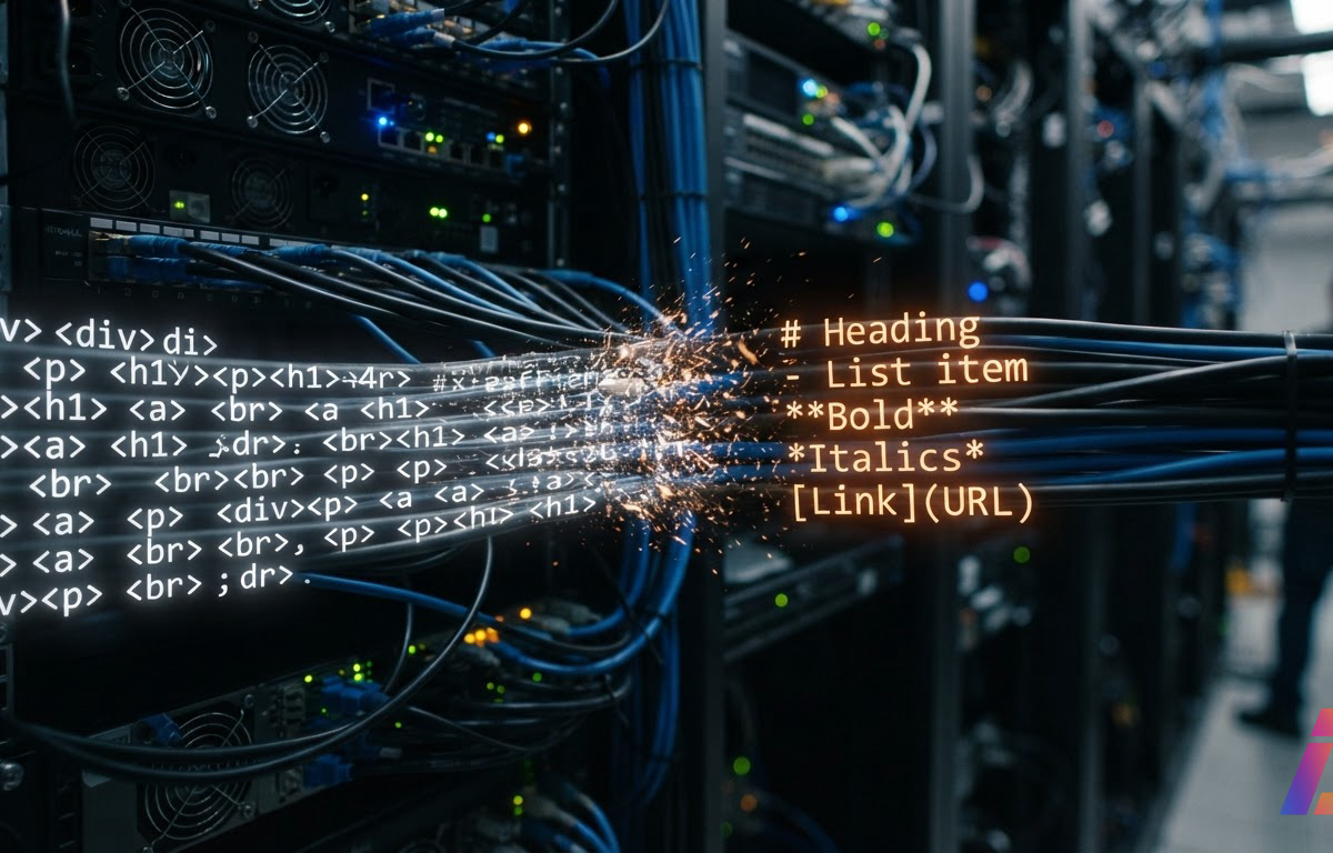 Cabos de rede em tons escuros atravessam o quadro enquanto blocos de texto com marcações se transformam gradualmente em formato simplificado, sugerindo conversão contínua de dados em fluxo.