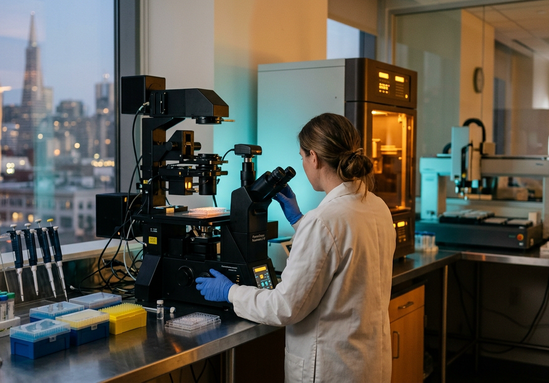 Pesquisadora de jaleco e luvas, vista de costas, calibra um microscópio de fluorescência sobre bancada de aço escovado em laboratório de biologia em São Francisco, com tubos de amostra, ponteiras alinhadas, braço robótico de manipulação de