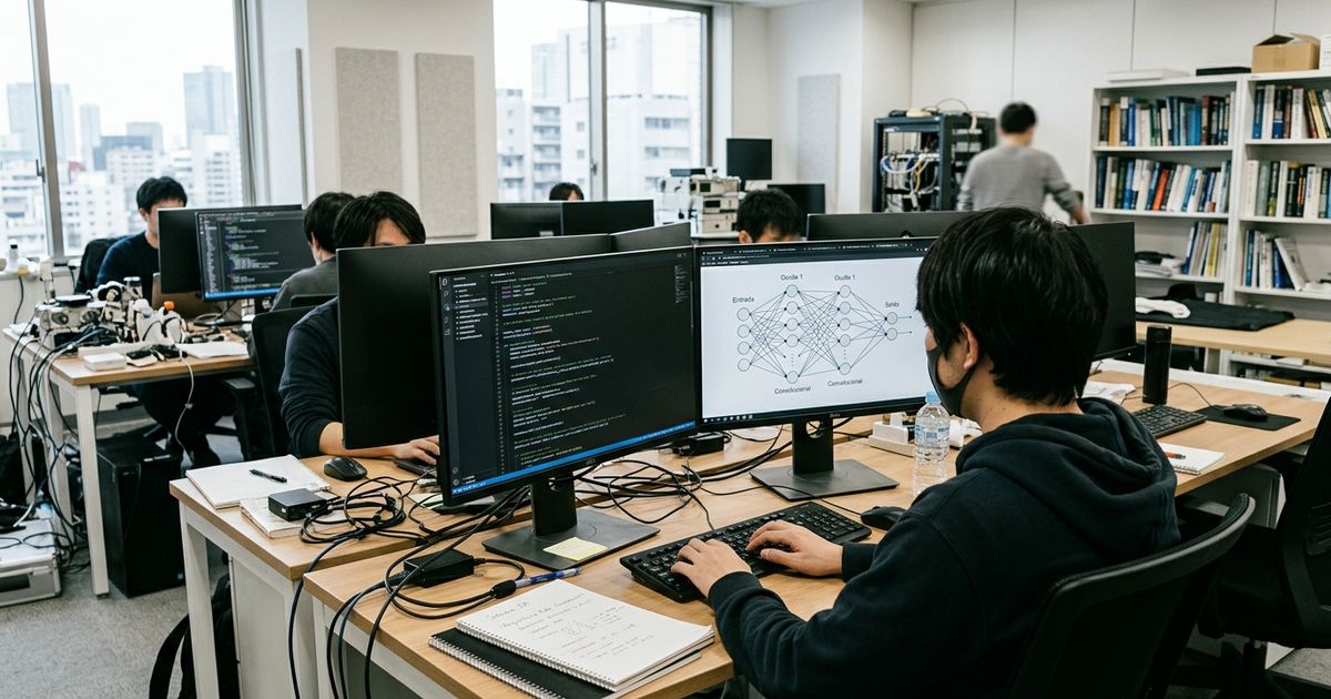 Sala de laboratório com desenvolvedores trabalhando em monitores exibindo código e diagramas de redes neurais, em ambiente de pesquisa com luz natural