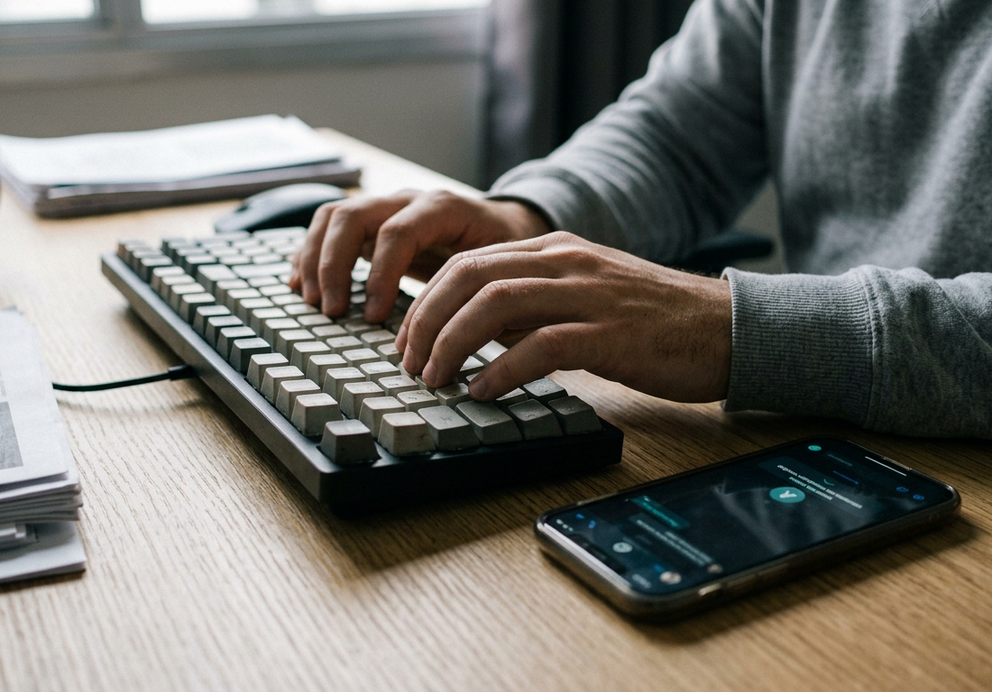 Mãos de uma pessoa digitando em um teclado prateado sobre mesa de trabalho clara, com celular ao lado exibindo aplicativo de conversação em tela iluminada