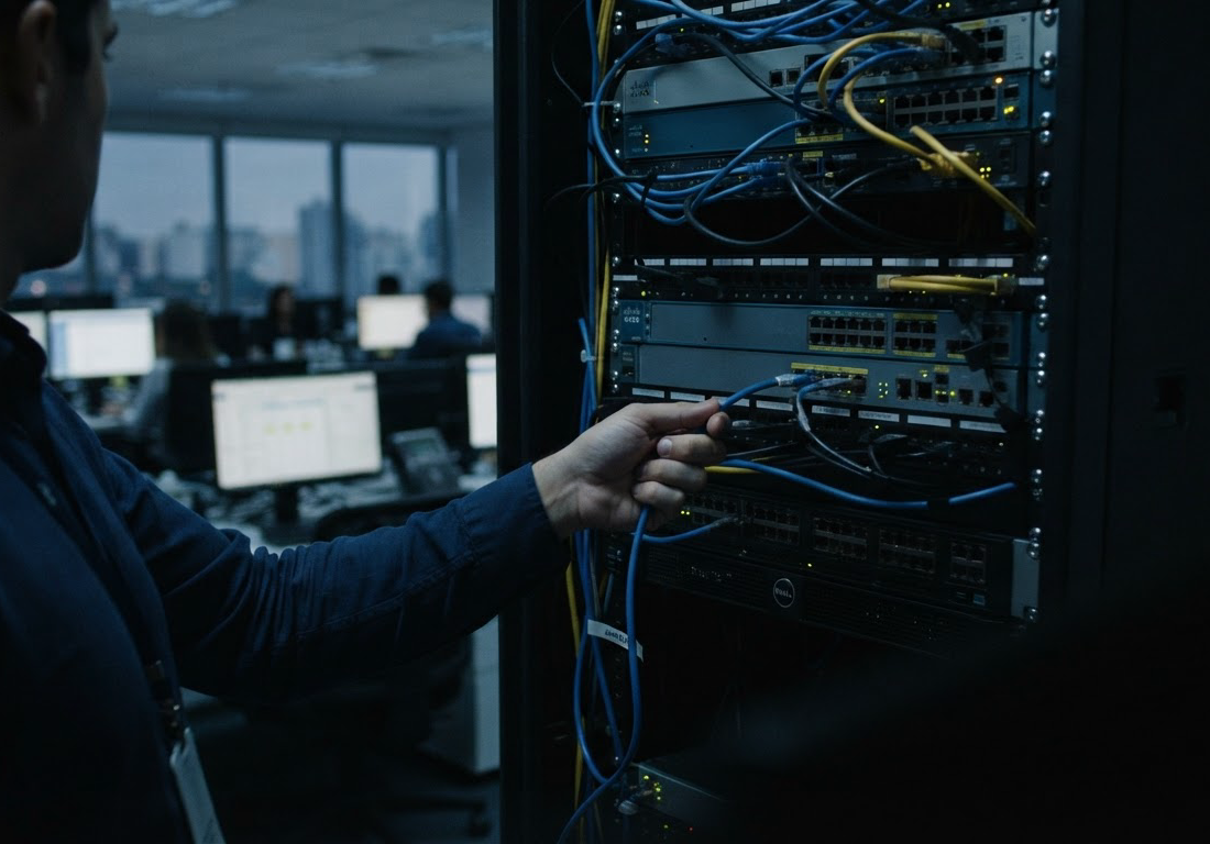 Técnico de TI desconecta um cabo de rede de um roteador em um escritório corporativo, sob luz fria do fim da tarde