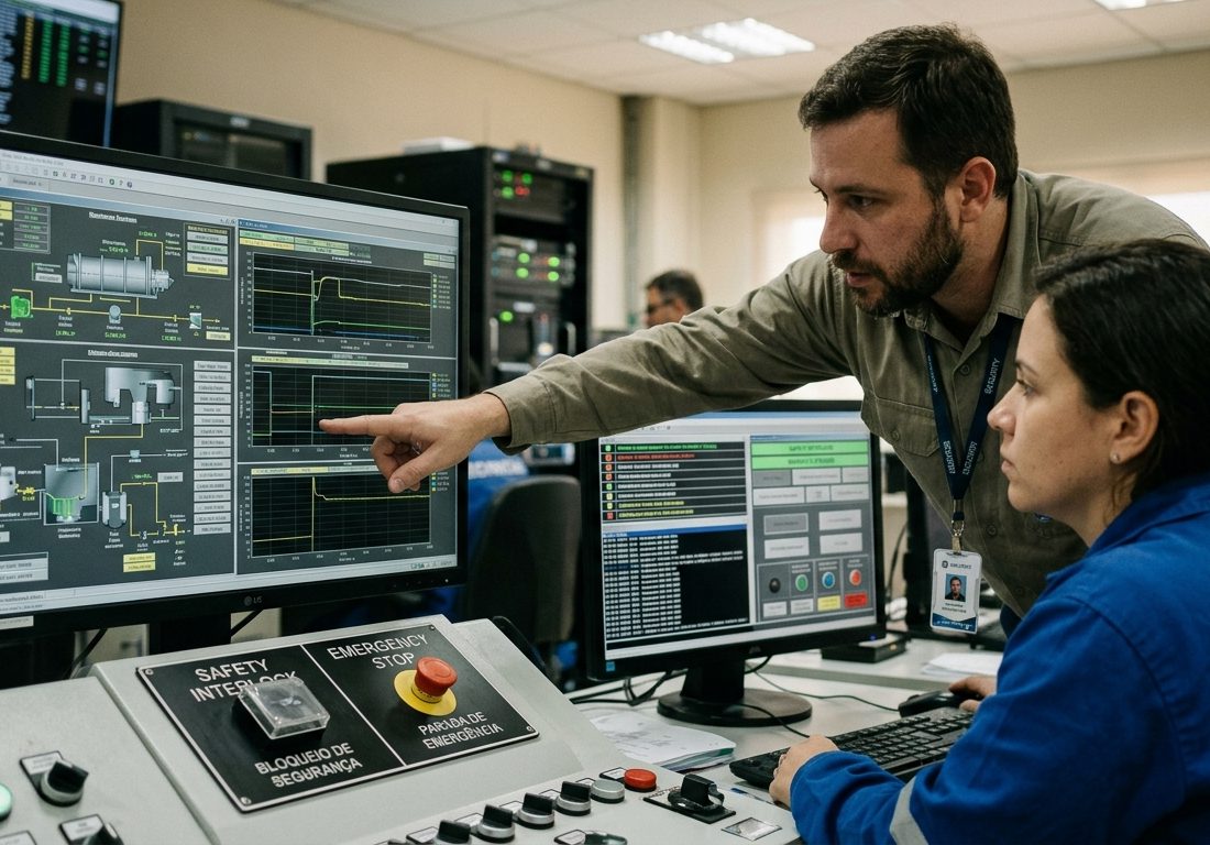 Engenheiros em ambiente técnico monitorando painéis operacionais e sistemas de controle com foco em segurança industrial