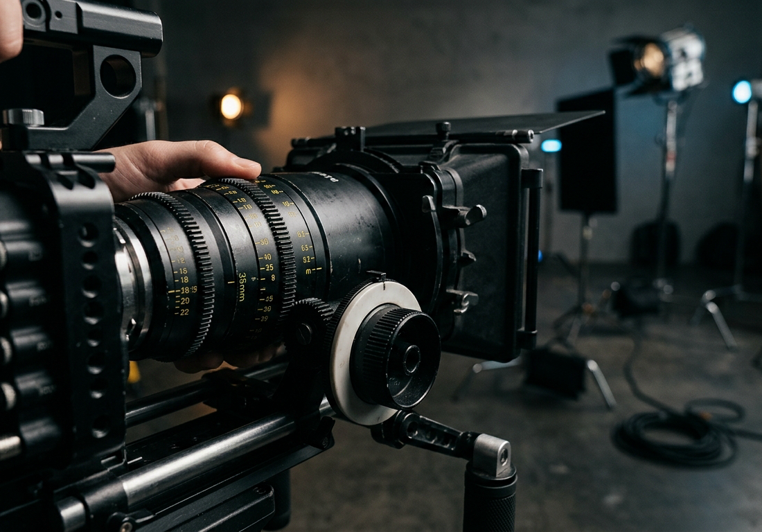 Plano detalhe de uma lente de cinema profissional em rig com anéis de foco e abertura calibrados, em estúdio com luz difusa d