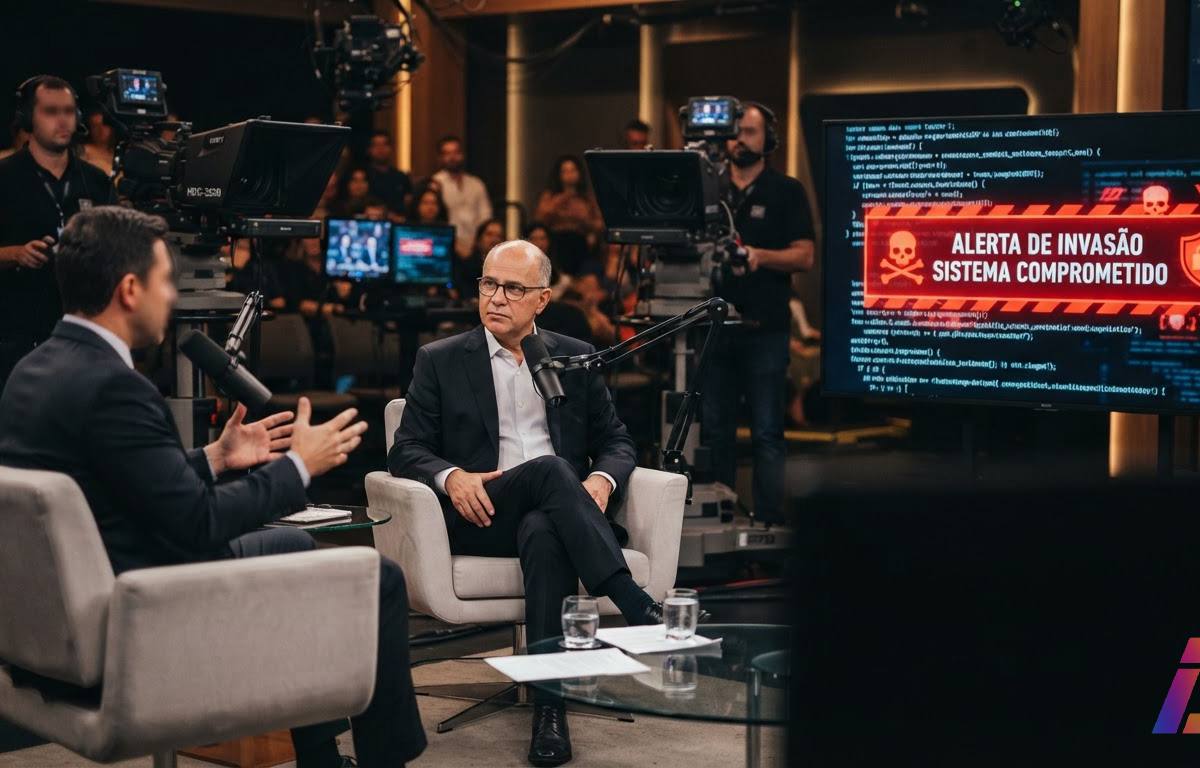 Entrevista em estúdio de programa dominical com entrevistador e executivo de óculos sentados em poltronas, câmeras ao fundo e tela lateral exibindo código interrompido por alerta de invasão