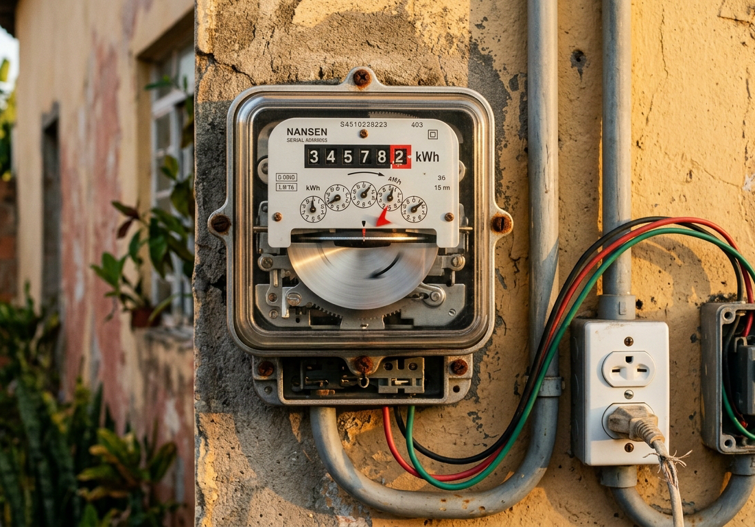 Mão insere ficha dourada em medidor de eletricidade pré-pago de parede, com fichas, caneca branca e papéis sobre mesinha ao lado, sob luz quente de fim de tarde em sala de madeira escura.