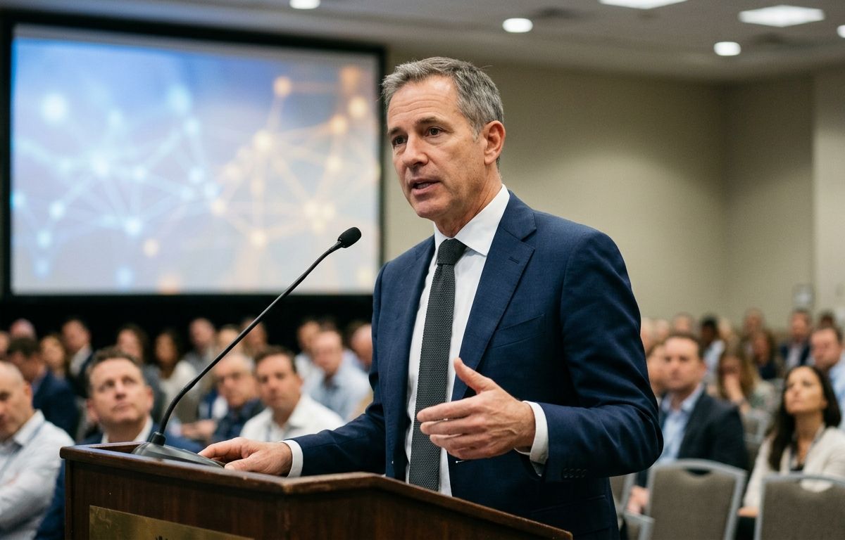 Executivo no palco de uma conferência de tecnologia discursando diante de um telão iluminado com tons suaves de azul-petróleo e âmbar, com a plateia em primeiro plano desfocada.