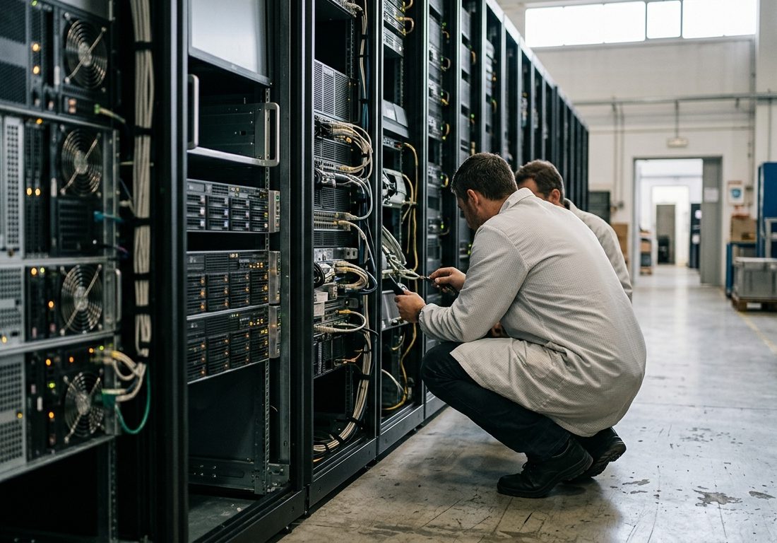 Corredor com racks de servidores metálicos em operação, cabeamento estruturado e luzes indicadoras sutis em um data center moderno