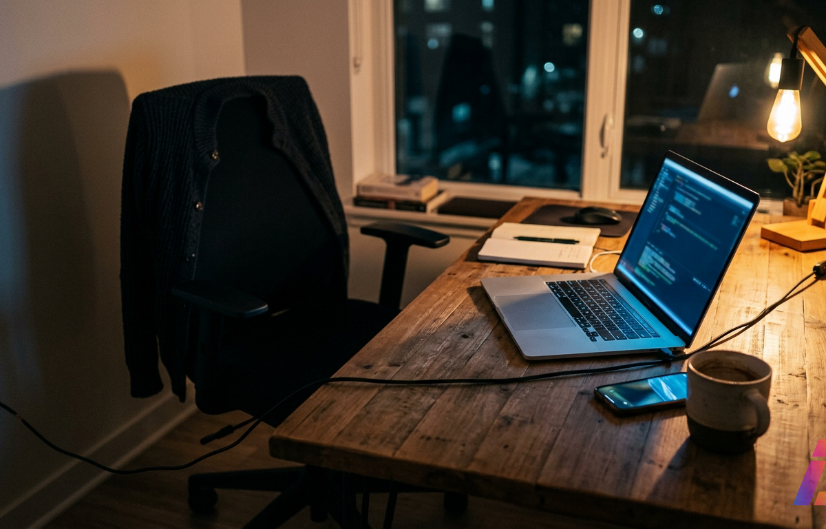 Escritório doméstico vazio à noite, com laptop aberto sobre escrivaninha de madeira trabalhando sozinho, tela acesa projetando luz azulada fria no tampo, cabo de alimentação atravessando o quadro em diagonal até uma tomada na parede ilumina