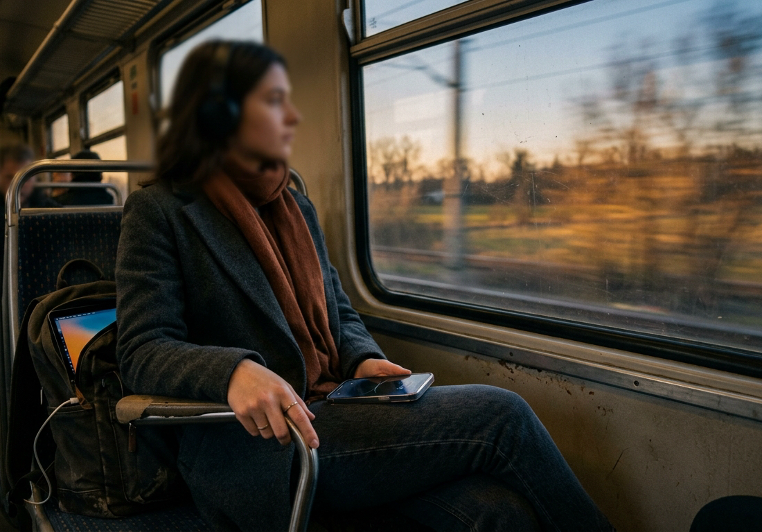 Fotografia em luz dourada de fim de tarde dentro de um trem urbano em movimento: passageira sentada de perfil com o rosto fora de foco, iPhone apoiado na coxa com brilho refletido no tecido da calça, mão livre segurando o braço do assento,