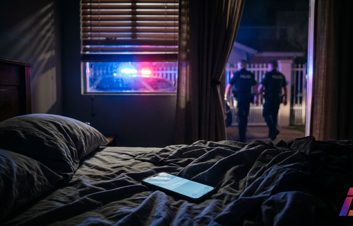 Smartphone aceso sobre cama desarrumada em quarto escuro, enquanto luzes vermelhas e azuis de viaturas policiais iluminam a janela ao fundo