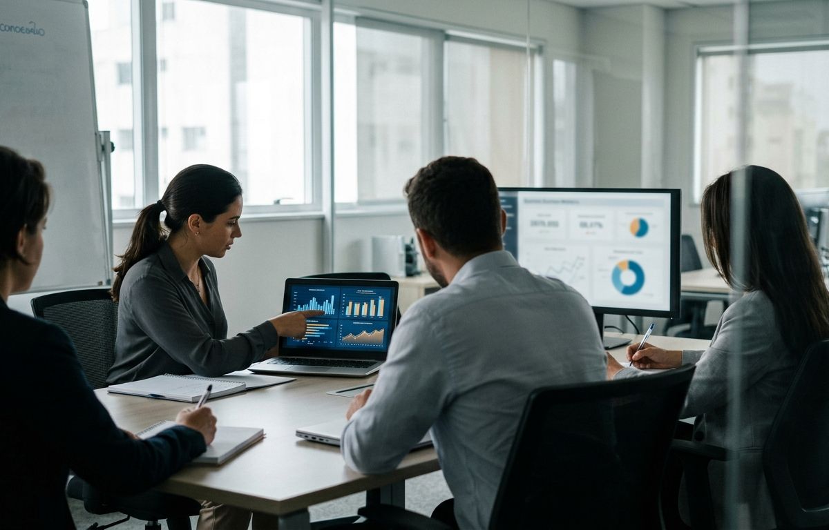 Profissionais em reunião de trabalho em sala iluminada, sentados ao redor de uma mesa com notebooks e analisando métricas e gráficos abstratos em telas.