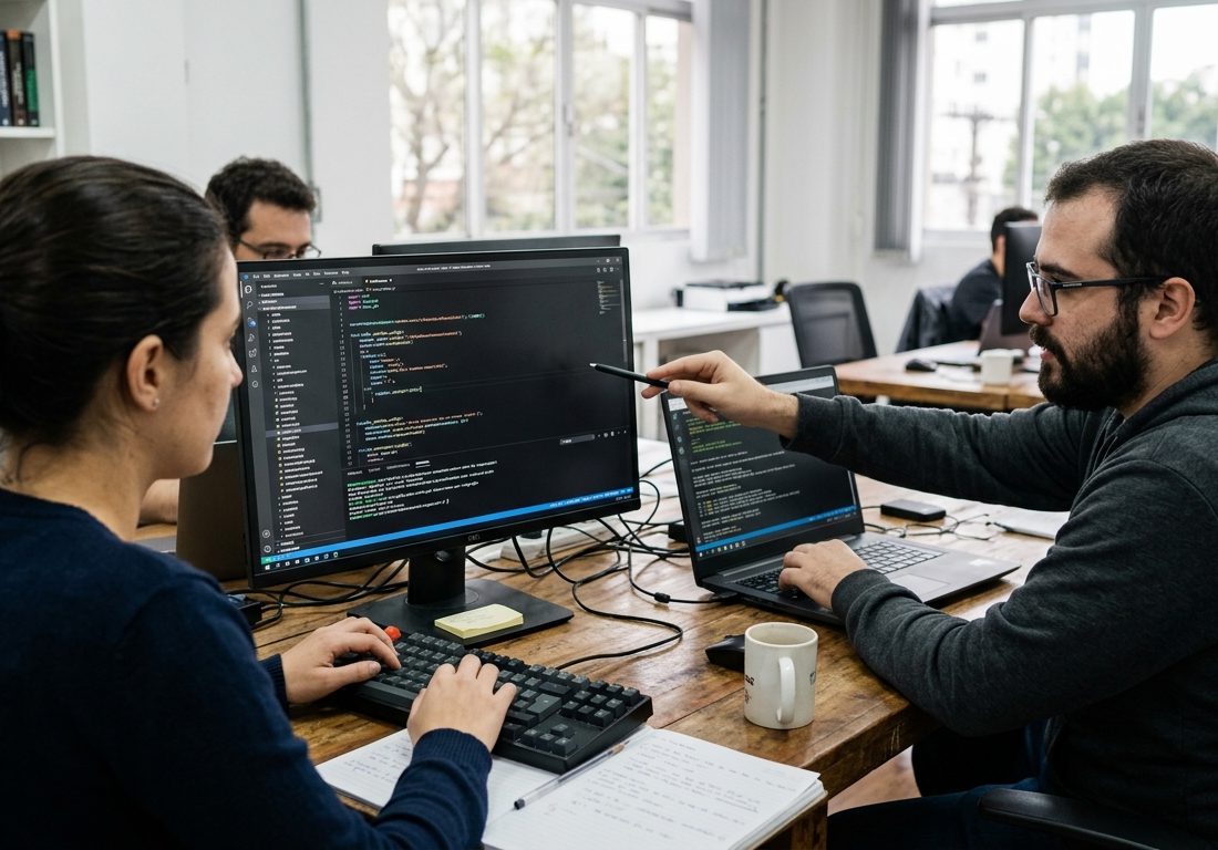 Profissionais de tecnologia em escritório moderno analisando linhas de código e interfaces de programação em monitores amplos sobre mesas de trabalho.