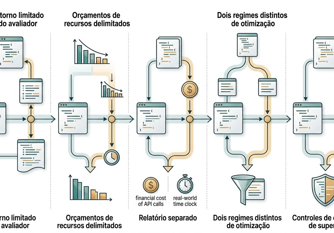 Diagrama esquemático em fundo claro ilustrando um ciclo de desenvolvimento em cinco etapas sequenciais conectadas por setas, com blocos técnicos em tons de azul-petróleo e âmbar representando métricas de execução e ajustes de algoritmos.