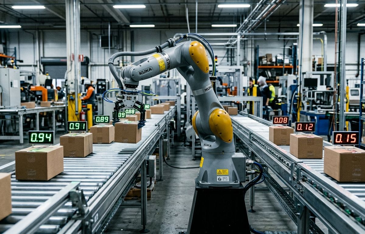 Braço robótico industrial posicionado sobre linha de produção, com duas esteiras laterais à sua frente e placas de medição exibindo valores numéricos entre zero e um sobre as caixas, sob iluminação fria de fábrica.